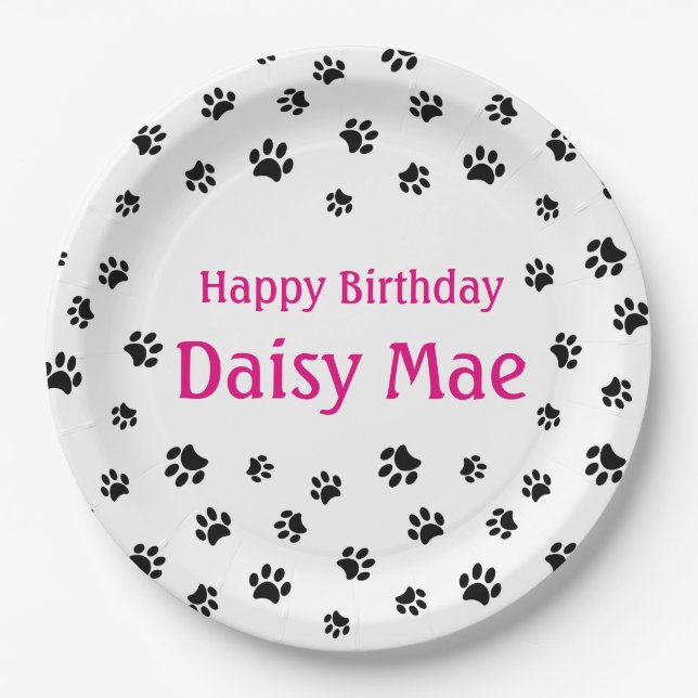 Black Paw Prints Pink Custom Pet Birthday Party Paper Plate (Front)