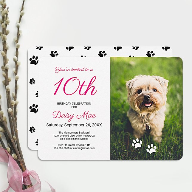 Black Paw Prints Pink Pet Birthday Photo Invitation (Creator Uploaded)