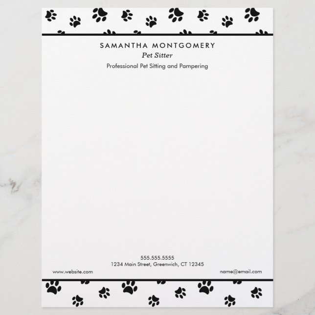 Black Paw Prints Professional Pet Sitter Custom Letterhead (Front)