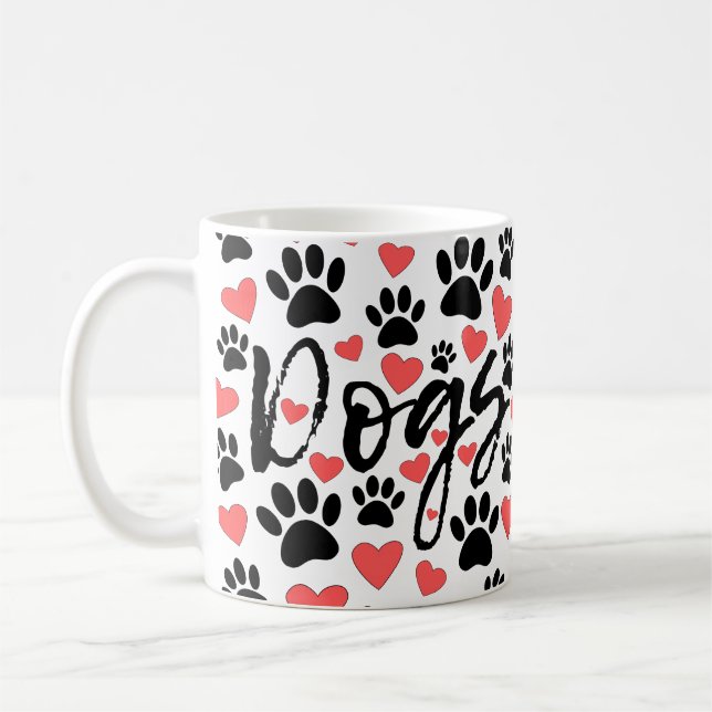 Black Paw Prints Red Hearts Typography Coffee Mug (Left)