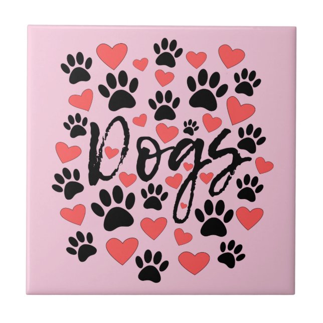 Black Paw Prints Red Hearts Typography Pink Tile (Front)