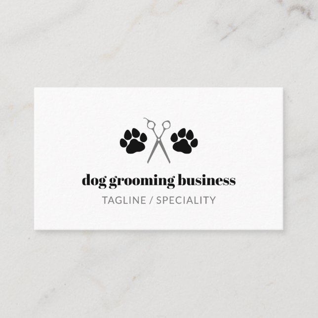 Black Paws & Scissors Dog Grooming Business Card (Front)