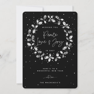 Black Peace Love + Joy Holly Wreath Holiday Card