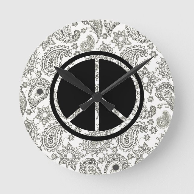 Black Peace & Paisley on White Round Clock (Front)