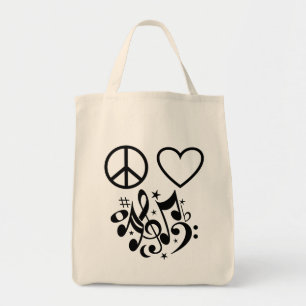 Black Peace Sign Red Heart Musical Harmony Tote Bag