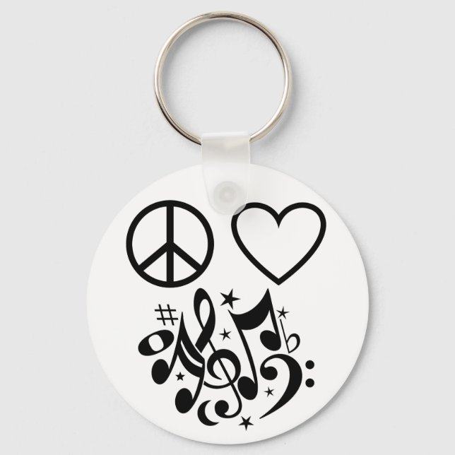 Black Peace Symbol Love Heart Dancing Music Notes Key Ring (Front)
