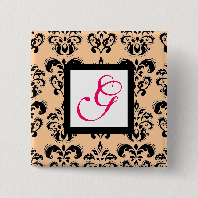 BLACK PEACH DAMASK SQUARE PINK FUCHSIA MONOGRAM 15 CM SQUARE BADGE (Front)