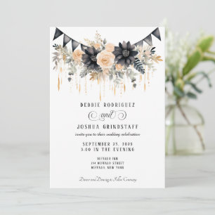 Black & Peach Floral Wedding Invitation 
