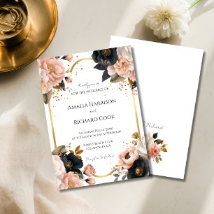 Black Peach Gold Floral Customizable Wedding  Invitation