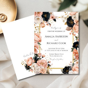 Black Peach Gold Floral Customizable Wedding  Invitation