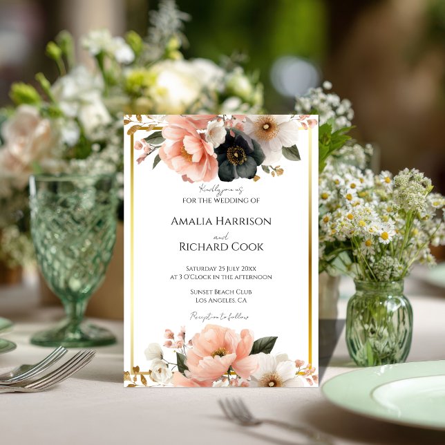 Black Peach Gold Floral Customizable Wedding  Invitation (Creator Uploaded)