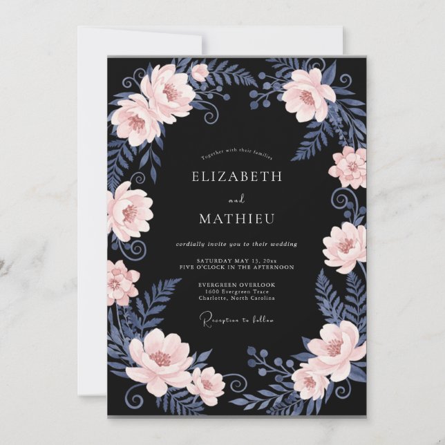 Black Peach Leafy Wedding Invitation (Front)