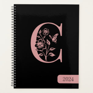 Black Peach monogram initials name minimalist 2024 Planner