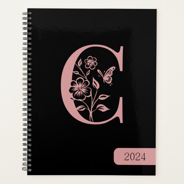Black Peach monogram initials name minimalist 2024 Planner (Front)