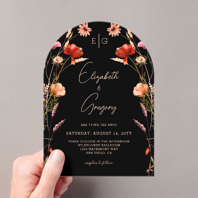 Black Peach Monogram Wildflower Wedding Acrylic Invitations (Insitu (Handheld))