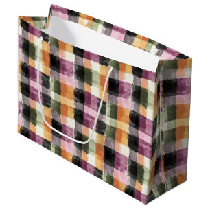 Black Peach Orange Green Pink Plaid Birthday Large Gift Bag