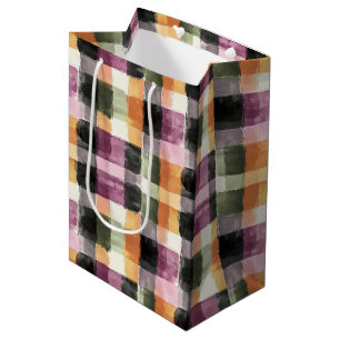 Black Peach Orange Green Pink Plaid Birthday Medium Gift Bag