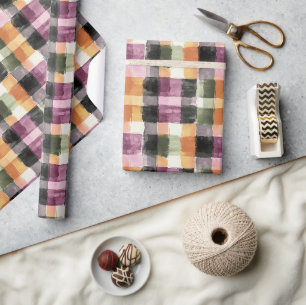 Black Peach Orange Green Pink Plaid Birthday Wrapping Paper