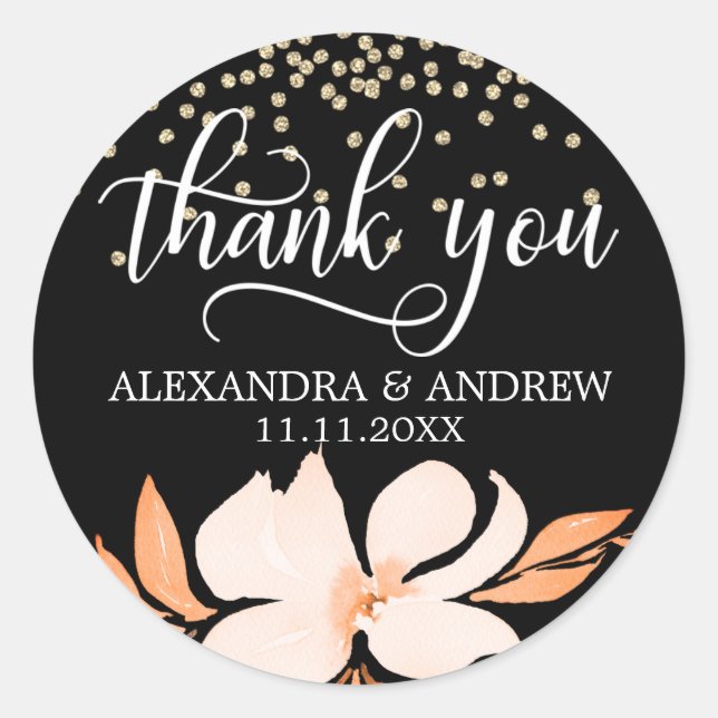 Black Peach Pink Floral Wedding Thank You Classic Round Sticker (Front)