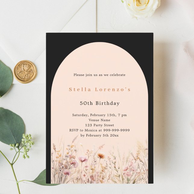 Black peach pink wildflower florals birthday invitation (Creator Uploaded)