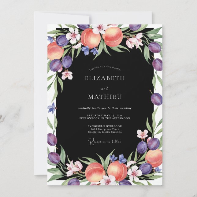 Black Peach Purple Ranunculus Eucalyptus Wedding Invitation (Front)