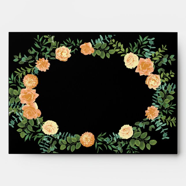 Black & Peach Wedding Modern Floral Envelope (Front)