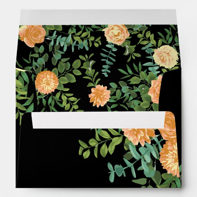Black & Peach Wedding Modern Floral Envelope (Back (Bottom))