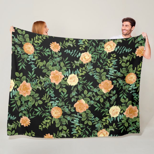 Black & Peach Wedding Modern Floral Fleece Blanket (In Situ)