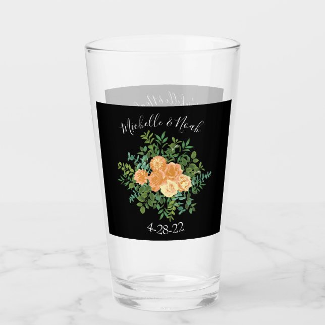 Black & Peach Wedding Modern Floral Glass (Front)