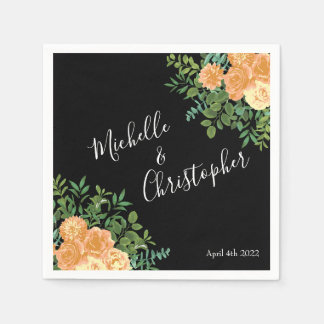 Black & Peach Wedding Modern Floral Napkin
