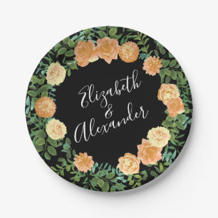 Black & Peach Wedding Modern Floral Paper Plate