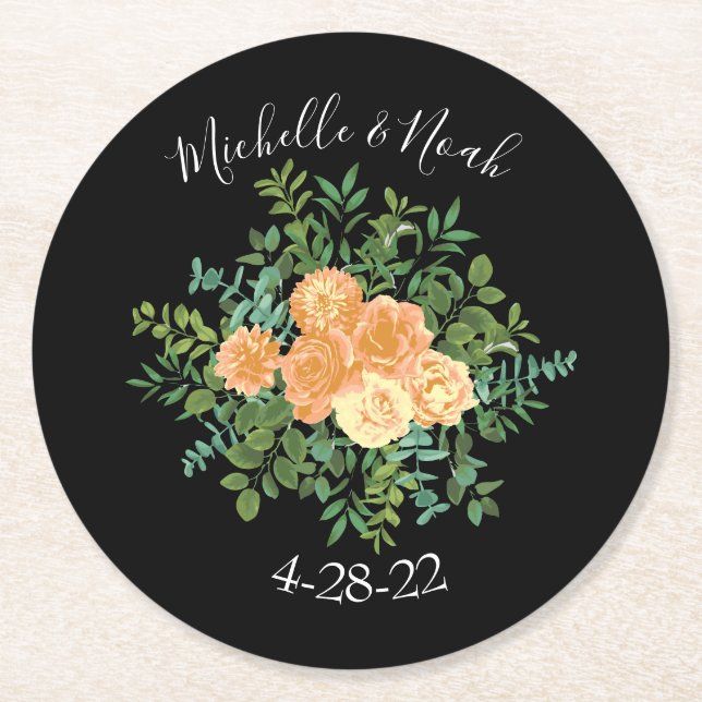 Black & Peach Wedding Modern Floral Round Paper Coaster (Front)