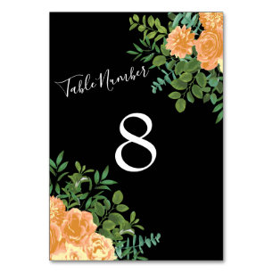 Black & Peach Wedding Modern Floral Table Number