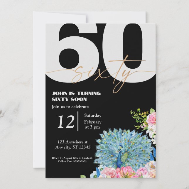 Black Peacock 60th Birthday Invitations  (Front)