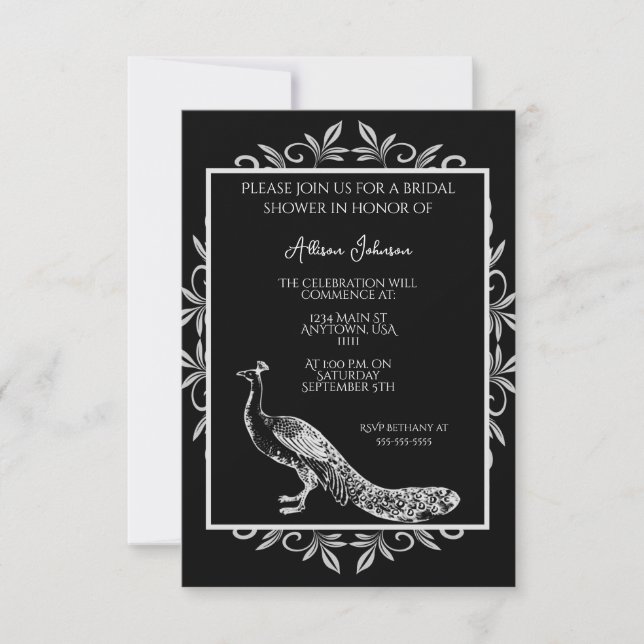 Black Peacock Flourish Bridal Shower Invitation (Front)