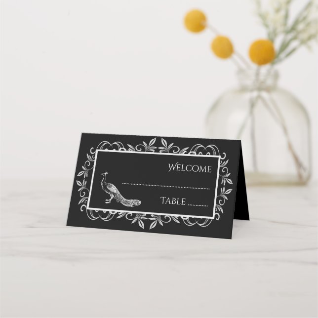 Black Peacock Flourish Reception Place Card (Front)