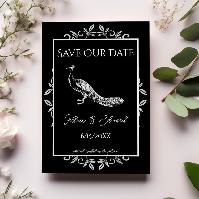 Black Peacock Flourish Save The Date Announcement (Black Peacock Flourish Save the Date)