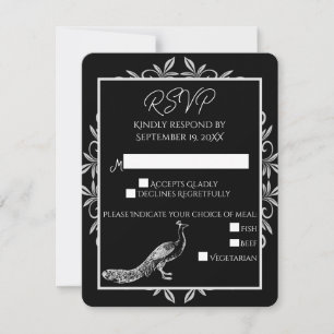 Black Peacock Flourish Wedding RSVP Card
