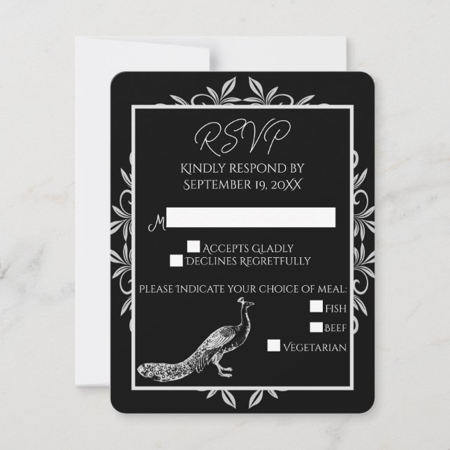 Black Peacock Flourish Wedding RSVP Card (Front)