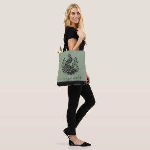 Black peacock modern calligraphy sage green back tote bag