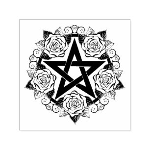 Black Pentagram with Roses Flowers Self-inking Stamp