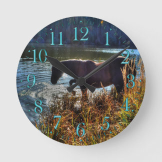 Black Percheron Stallion Playing at Lake's Edge Round Clock