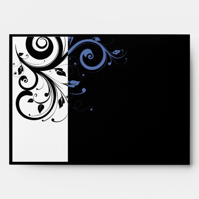 Black Periwinkle Cornflower Blue Floral Wedding Envelopes (Front)