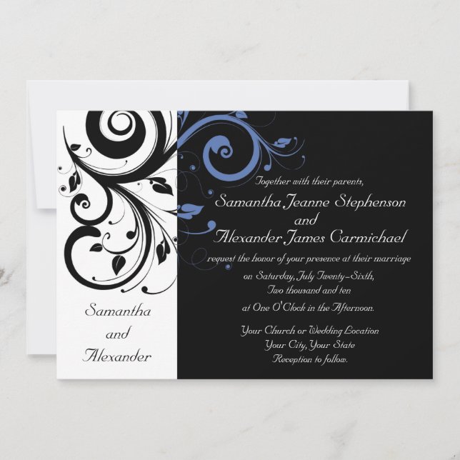 Black Periwinkle Cornflower Blue Floral Wedding Invitation (Front)