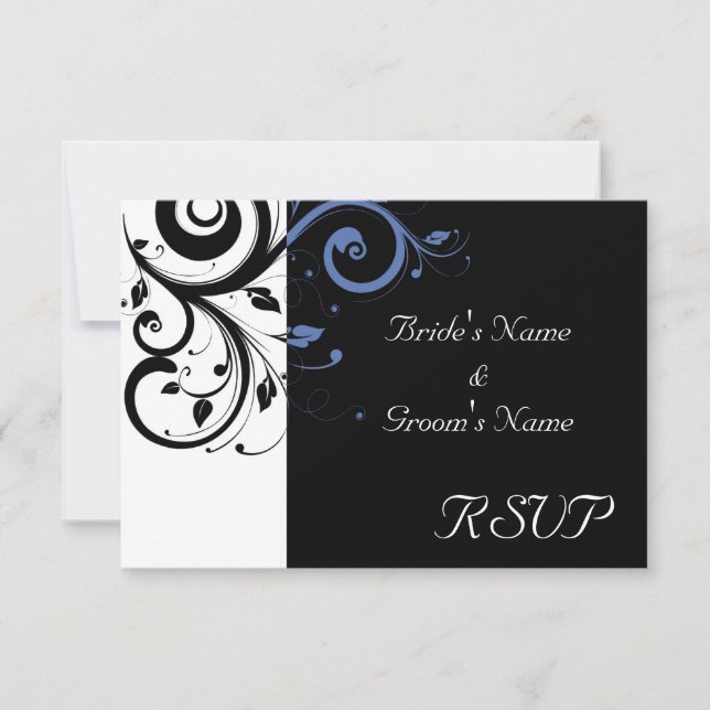 Black Periwinkle Cornflower Blue Floral Wedding RSVP Card (Front)