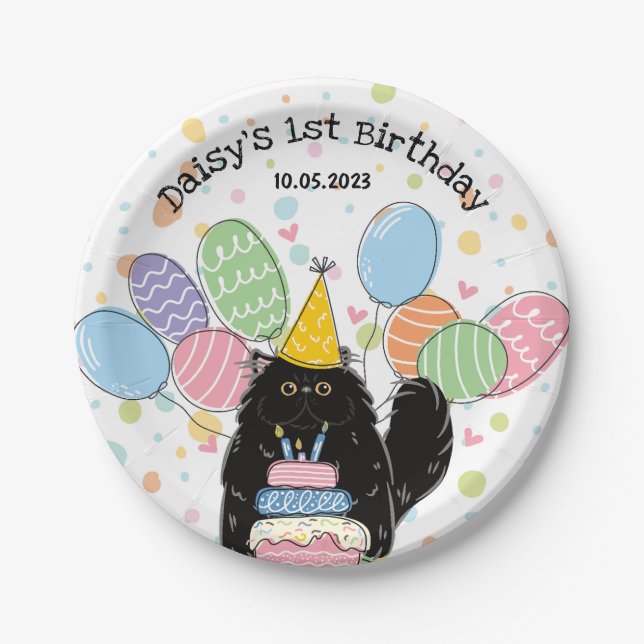 Black Persian Cat Birthday Party Paper Plates (Front)