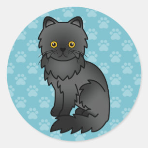 Black Persian Cat Cartoon Illustration On Blue Classic Round Sticker