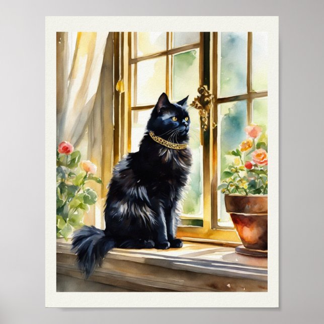 Black Persian Cat Watercolor Gold Collar Poster (Front)