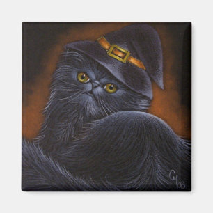 Black Persian Cat with Witch Hat - Magnet