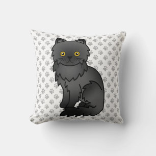 Black Persian Cute Cartoon Cat & Paws Cushion
